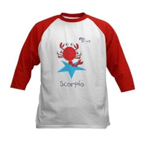 A red and white Scorpio Kiddie Kids Baseball Jersey with the word scorpio on it.