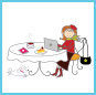 Postcard: A cartoon of a woman sitting at a table with a laptop, ready to send a postcard.