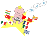 A baby sitting on a star with flags around it, captivating children and parents alike.